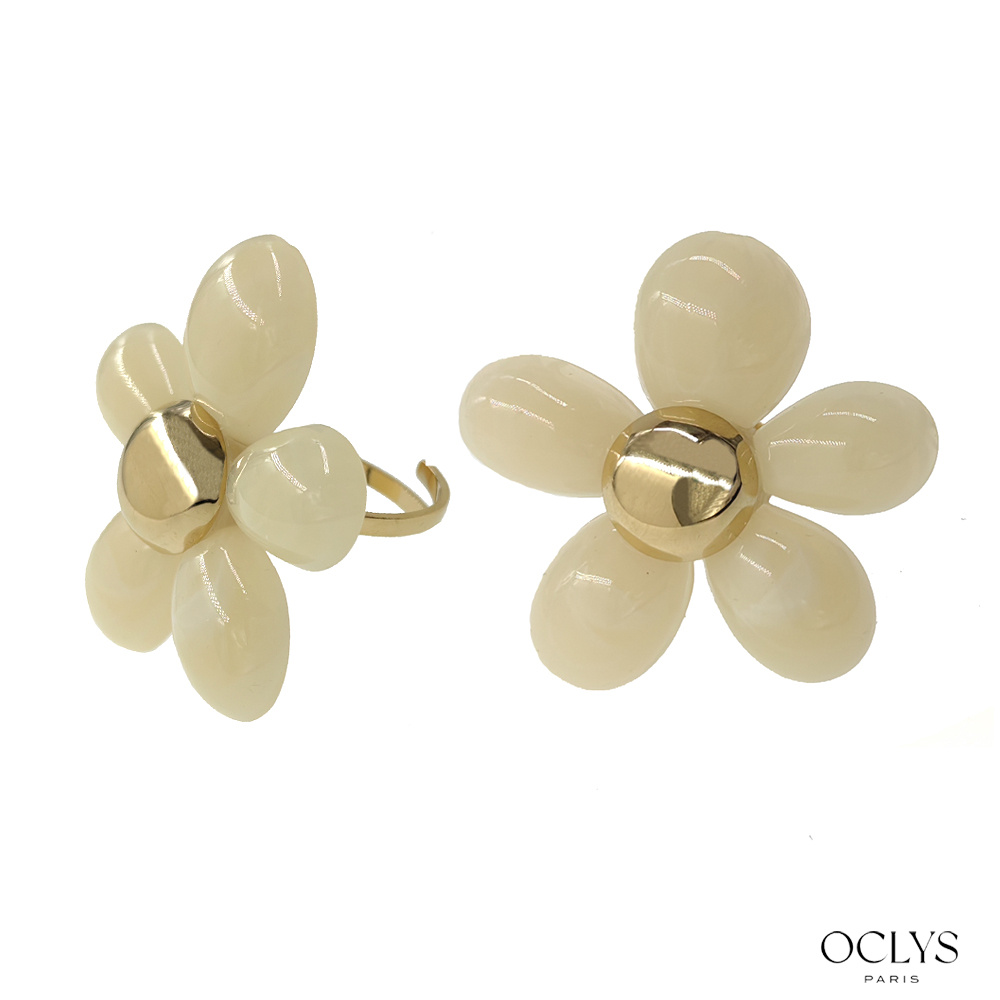 Mayorista OCLYS - Anillo de flor de resina de acero inoxidable dorado Mina