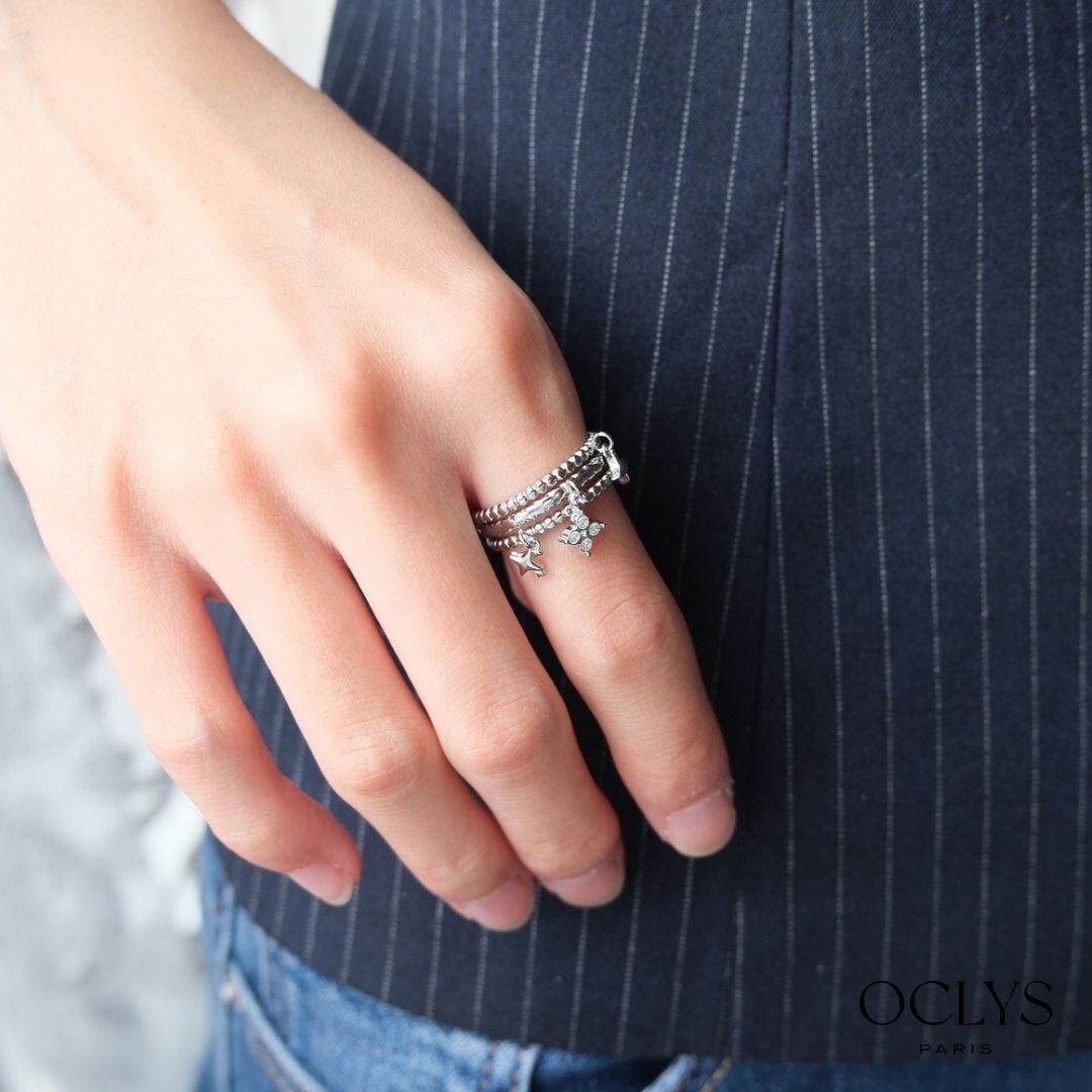 Mayorista OCLYS - Anillo de acero inoxidable plateado con dijes y strass