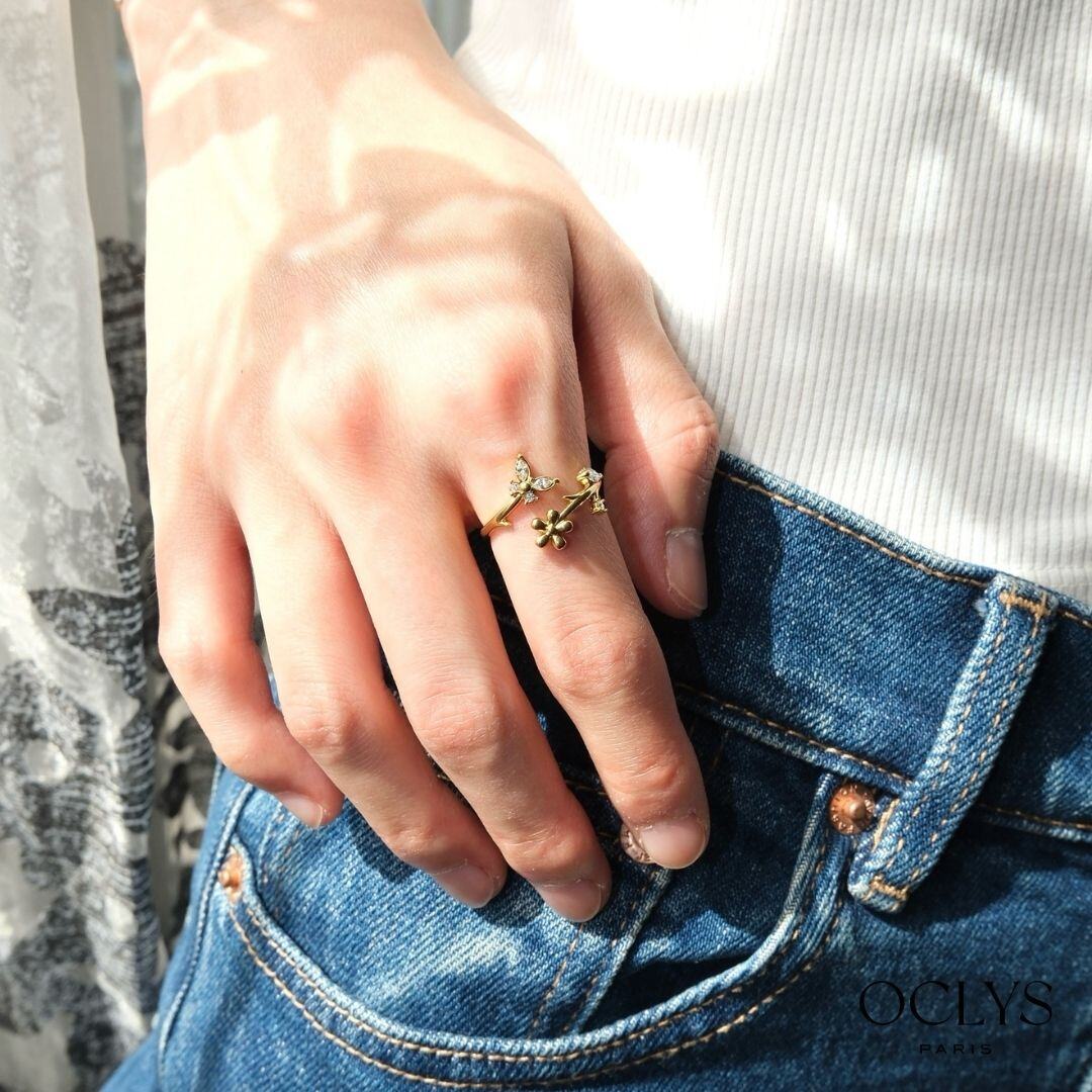 Grossiste OCLYS - Bague fleur strass acier inoxydable Flora doré