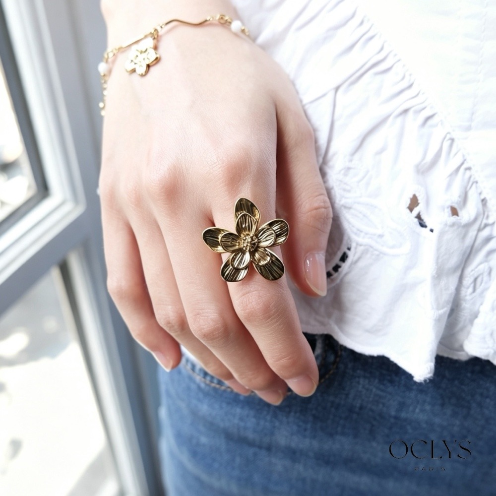 Mayorista OCLYS - Anillo Doble Flor de Acero Inoxidable Nina Dorado