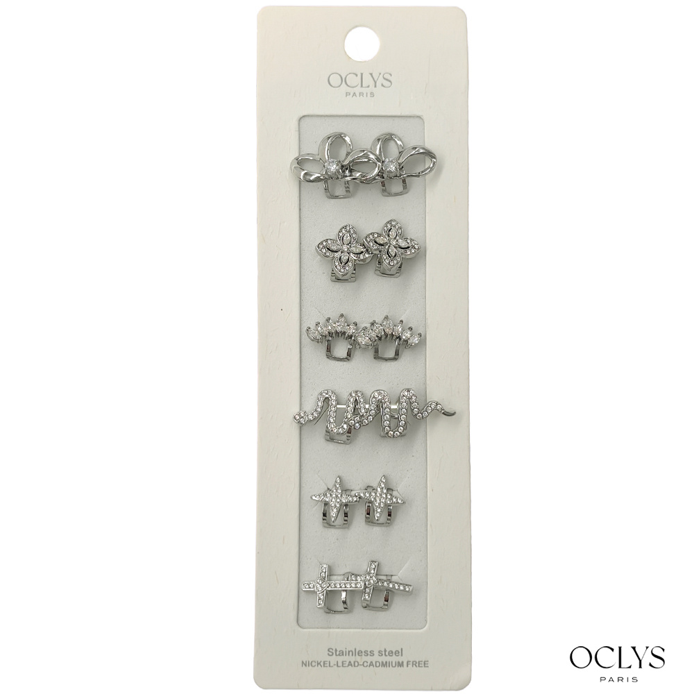 Grossiste OCLYS - Lot 6 paires bagues oreilles strass acier inoxydable argent