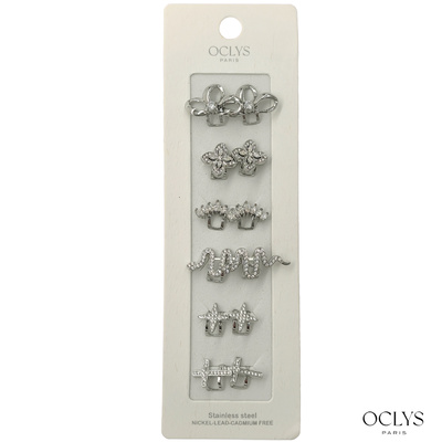 Wholesaler OCLYS - Set of 6 pairs of silver stainless steel rhinestone ear cuffs Wholesaler OCLYS - Set of 6 pairs of silver stainless steel rhinestone ear cuffs