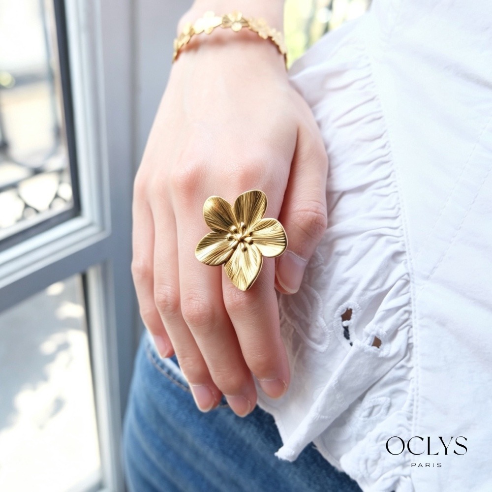 Mayorista OCLYS - Anillo de Flor de Acero Inoxidable Ella Dorado