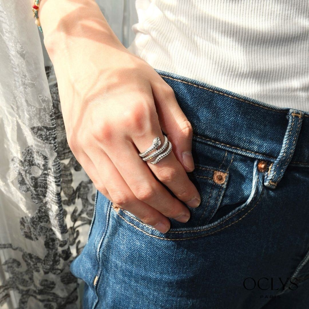 Grossiste OCLYS - Bague serpent strass acier inoxydable argent
