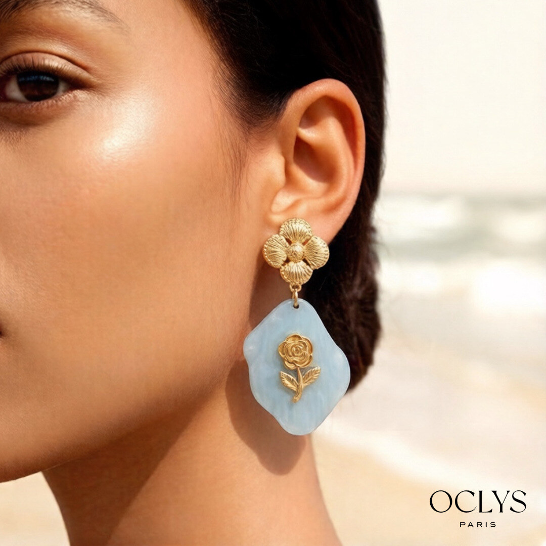 Mayorista OCLYS - Pendientes de resina floral de acero inoxidable dorado Yma