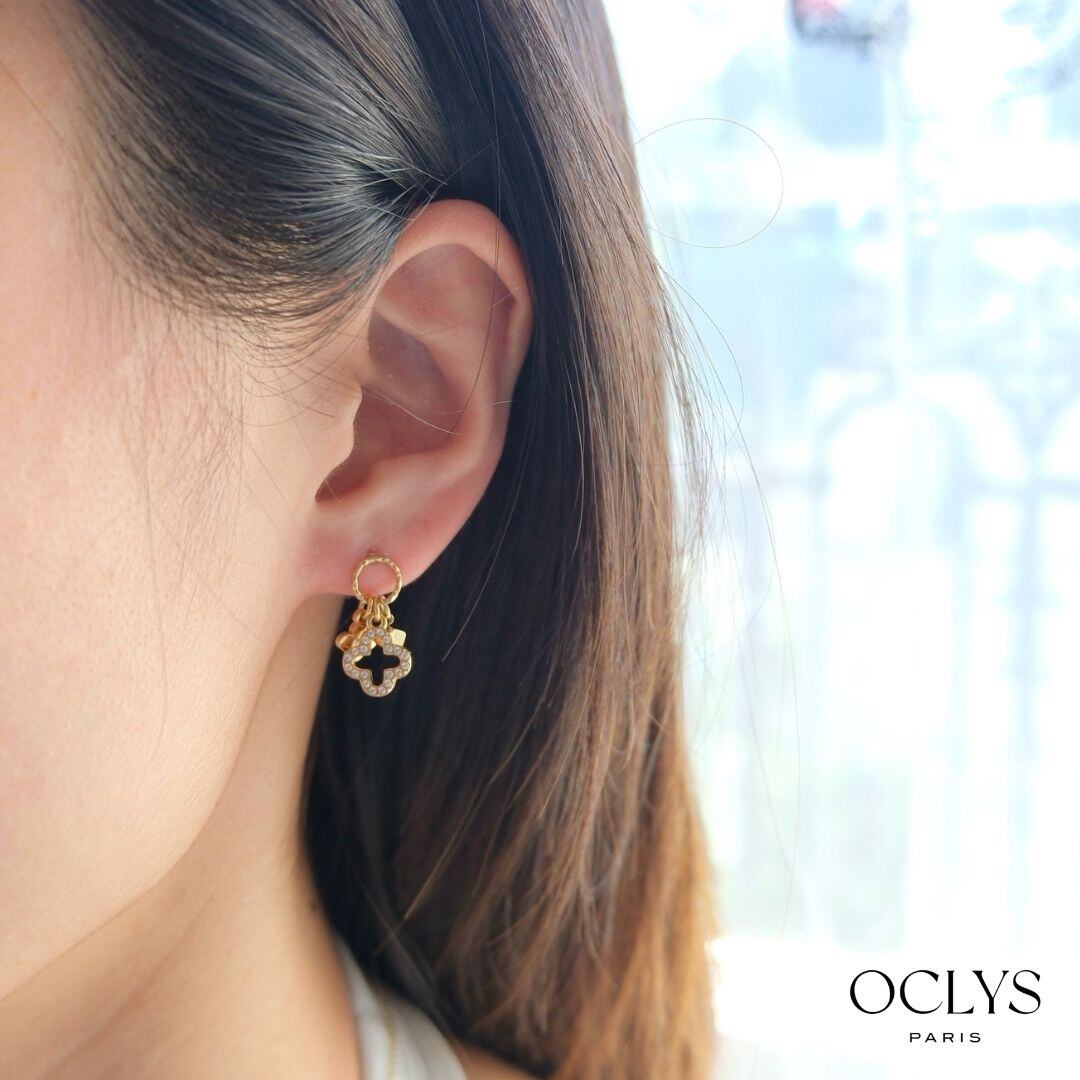 Wholesaler OCLYS - Golden Pietra stainless steel clover rhinestone earrings