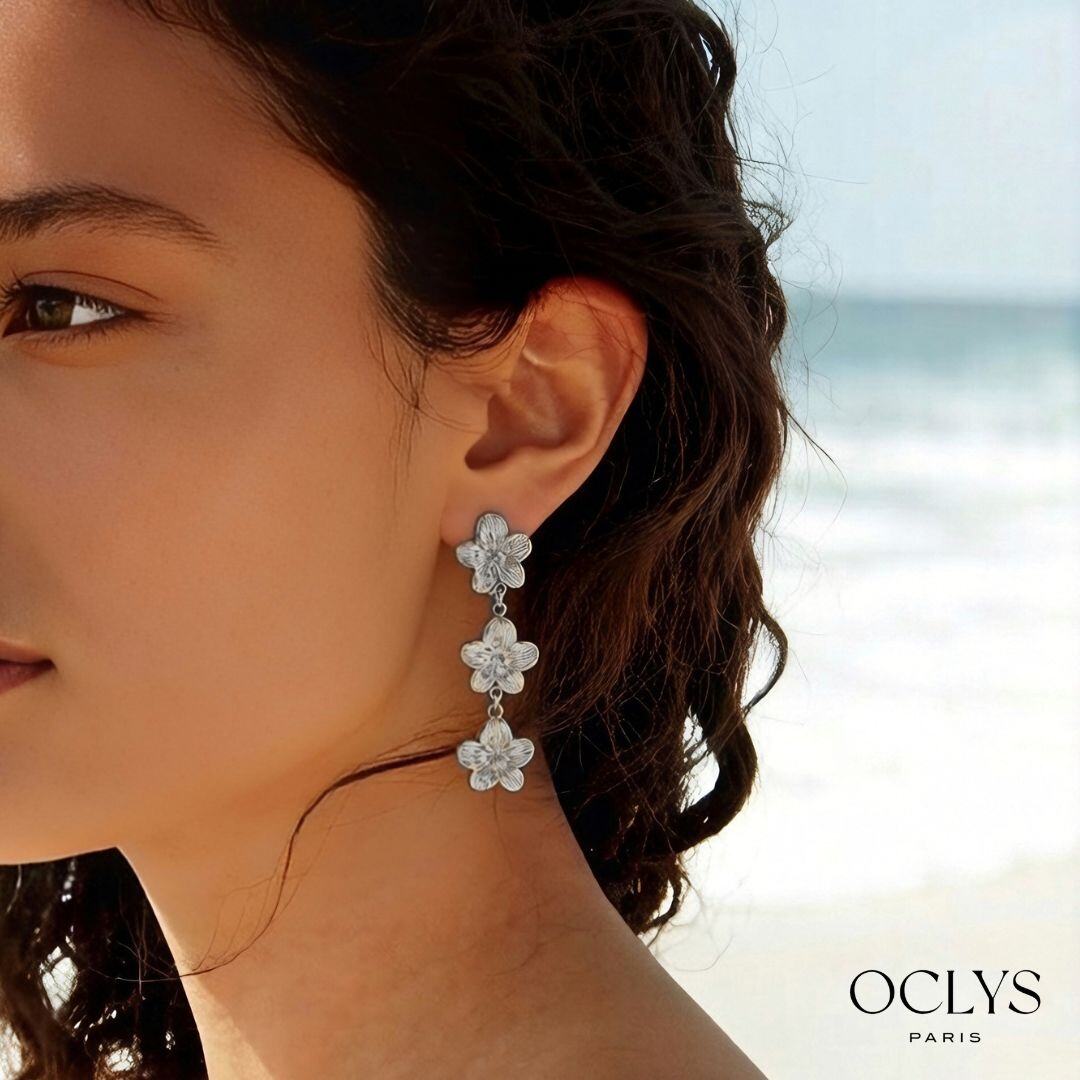 Mayorista OCLYS - Pendientes colgantes de flores de acero inoxidable Yna plata