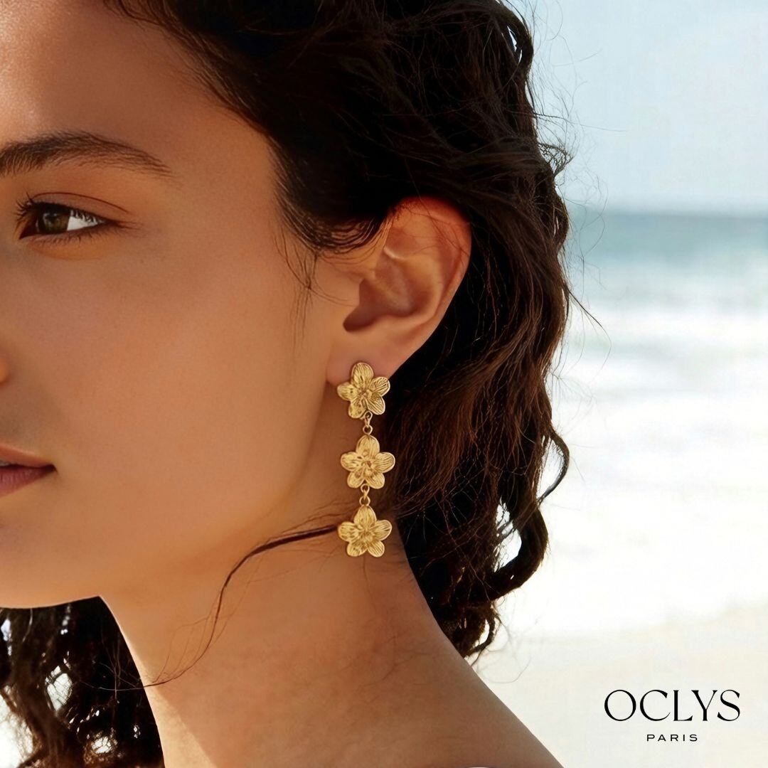 Mayorista OCLYS - Pendientes colgantes de flores de acero inoxidable Yna dorado