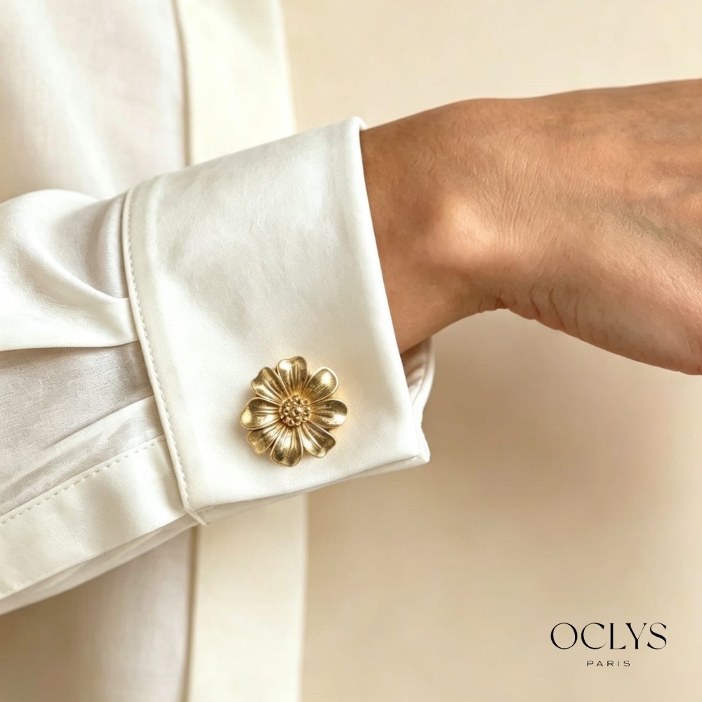 Grossiste OCLYS - Paire cache boutons fleur acier inoxydable doré