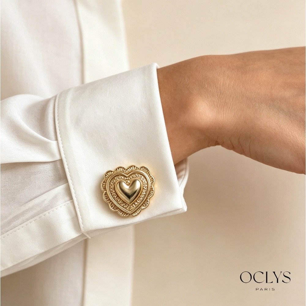Grossiste OCLYS - Paire de cache-boutons cœur acier inoxydable Lia doré
