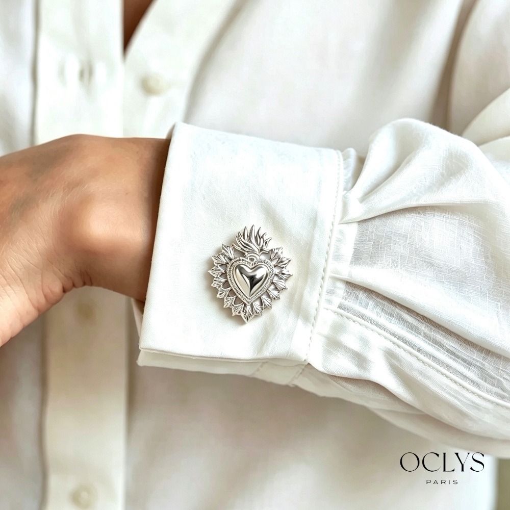 Grossista OCLYS - Coppia di copribottoni ex-voto cuore sacro in acciaio inossidabile Aura argento