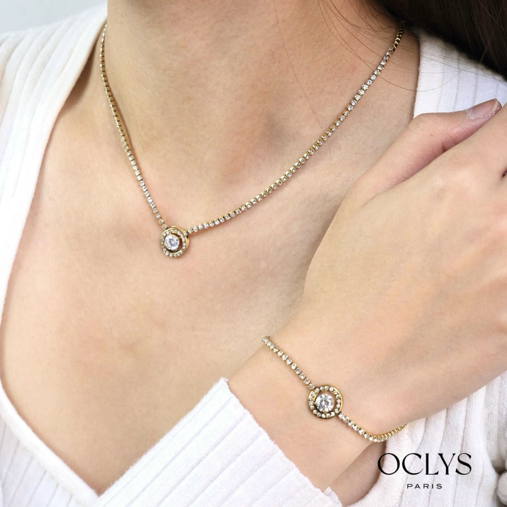 Großhändler OCLYS - Goldfarbenes Strass-Blume-Edelstahlarmband Cicilia