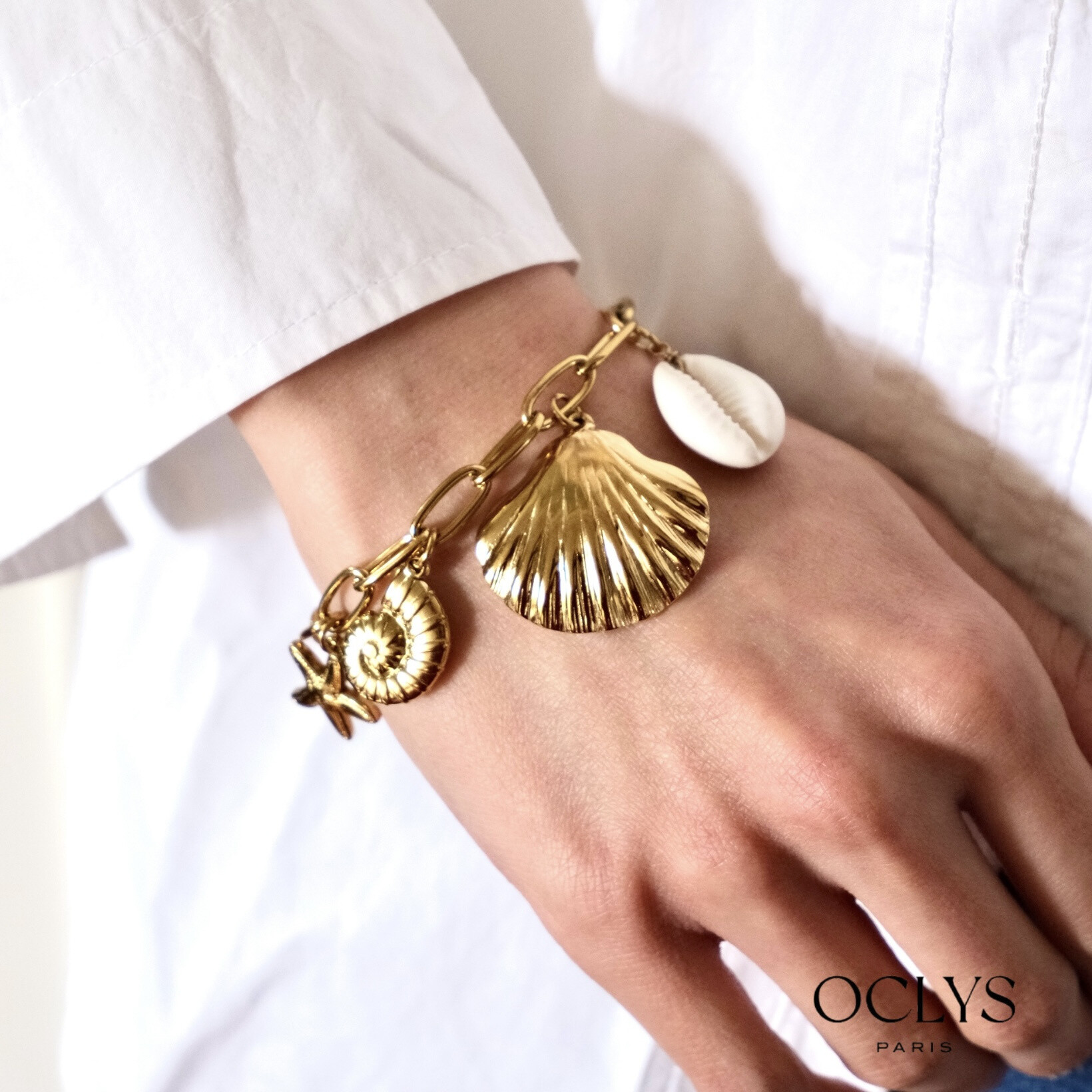 Grossiste OCLYS - Bracelet chaine breloques coquillage acier inoxydable doré Fiki