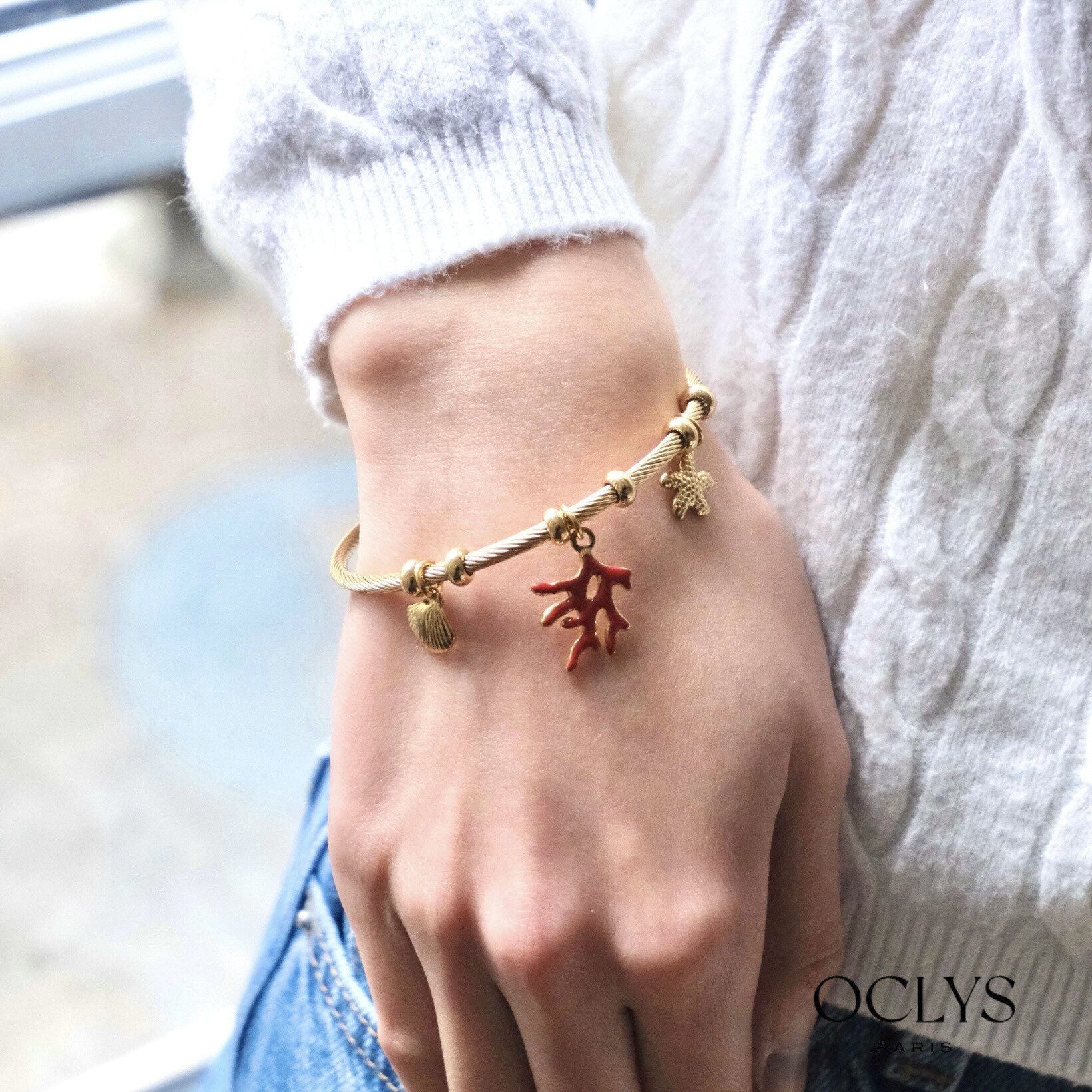 Wholesaler OCLYS - Stainless steel golden steel bracelet Kity Flower fabric