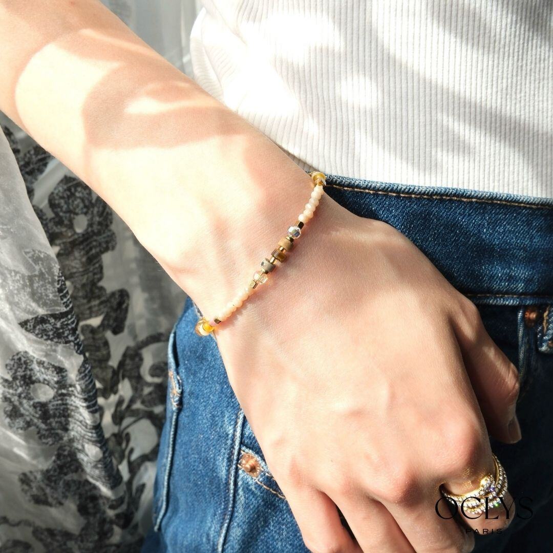 Grossiste OCLYS - Bracelet pierres naturelles acier inoxydable doré Pauli