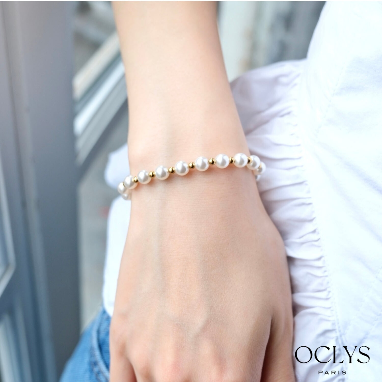 Grossista OCLYS - Bracciale con perle perlinate, acciaio inossidabile, dorato Anna