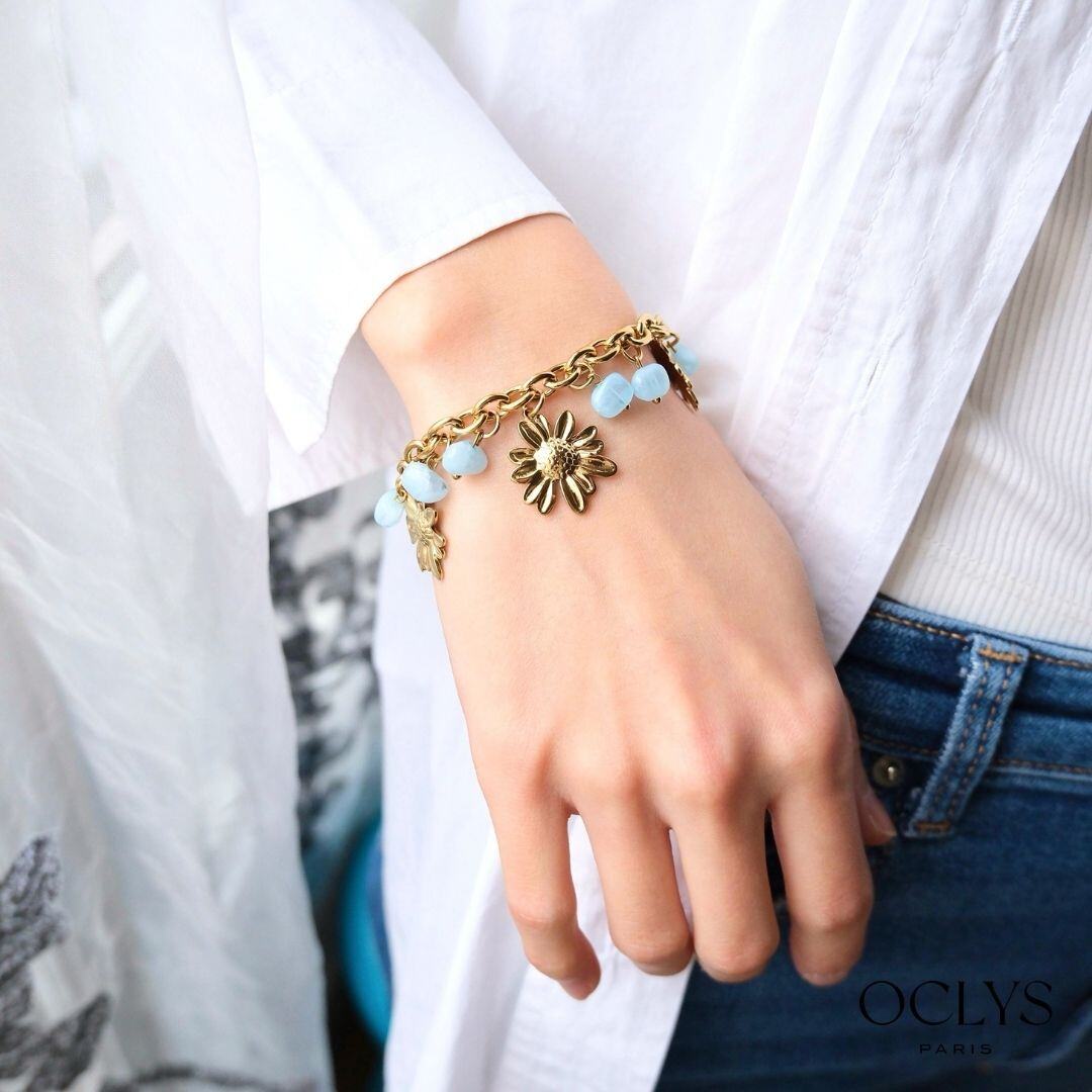 Mayorista OCLYS - Pulsera de dijes de flor de resina y acero inoxidable dorado Lila