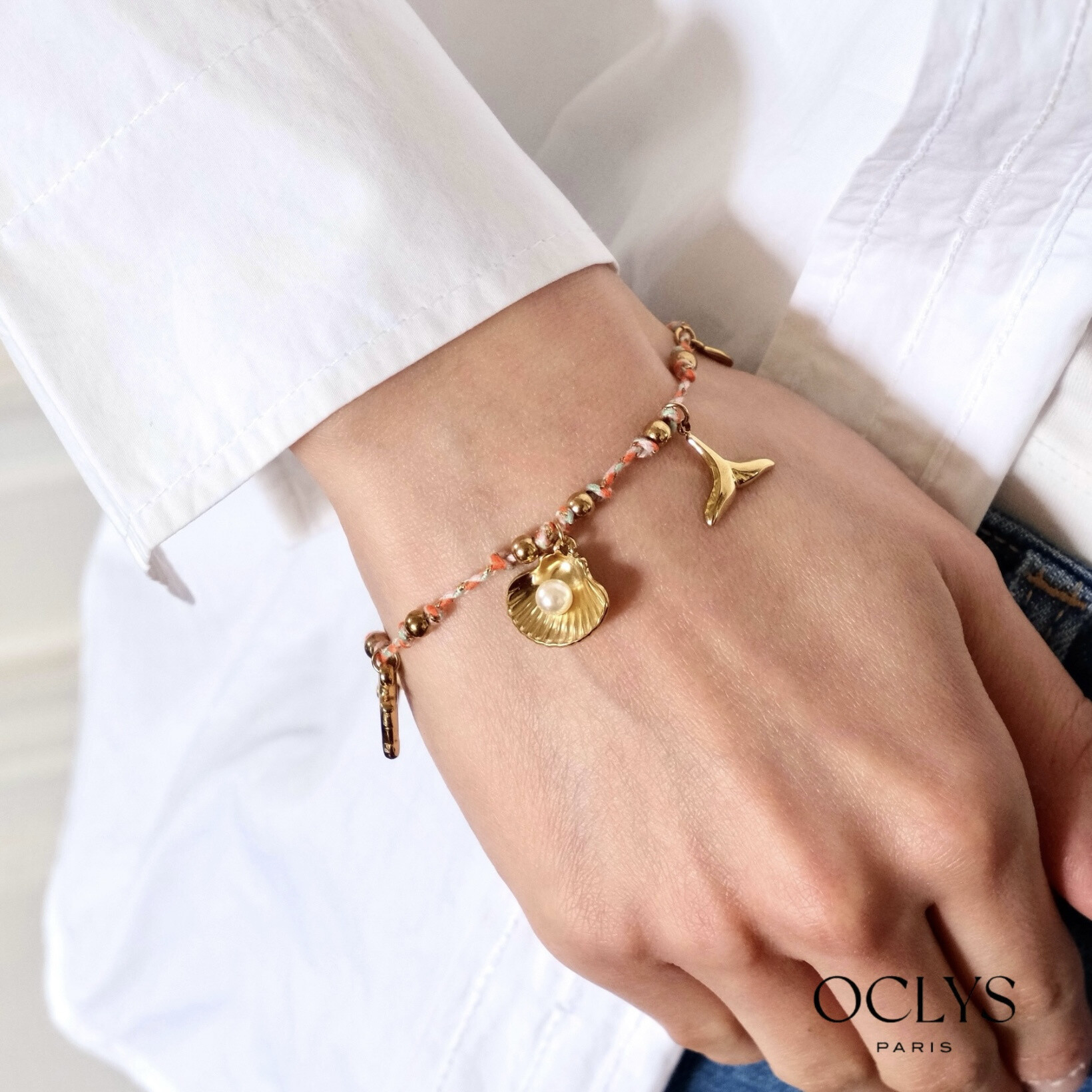 Wholesaler OCLYS - Stainless steel golden steel bracelet Kity Flower fabric
