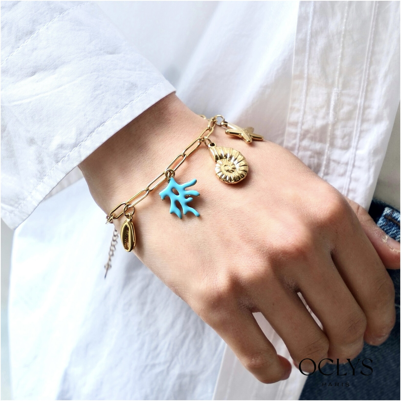 Wholesaler OCLYS - Stainless steel golden steel bracelet Kity Flower fabric