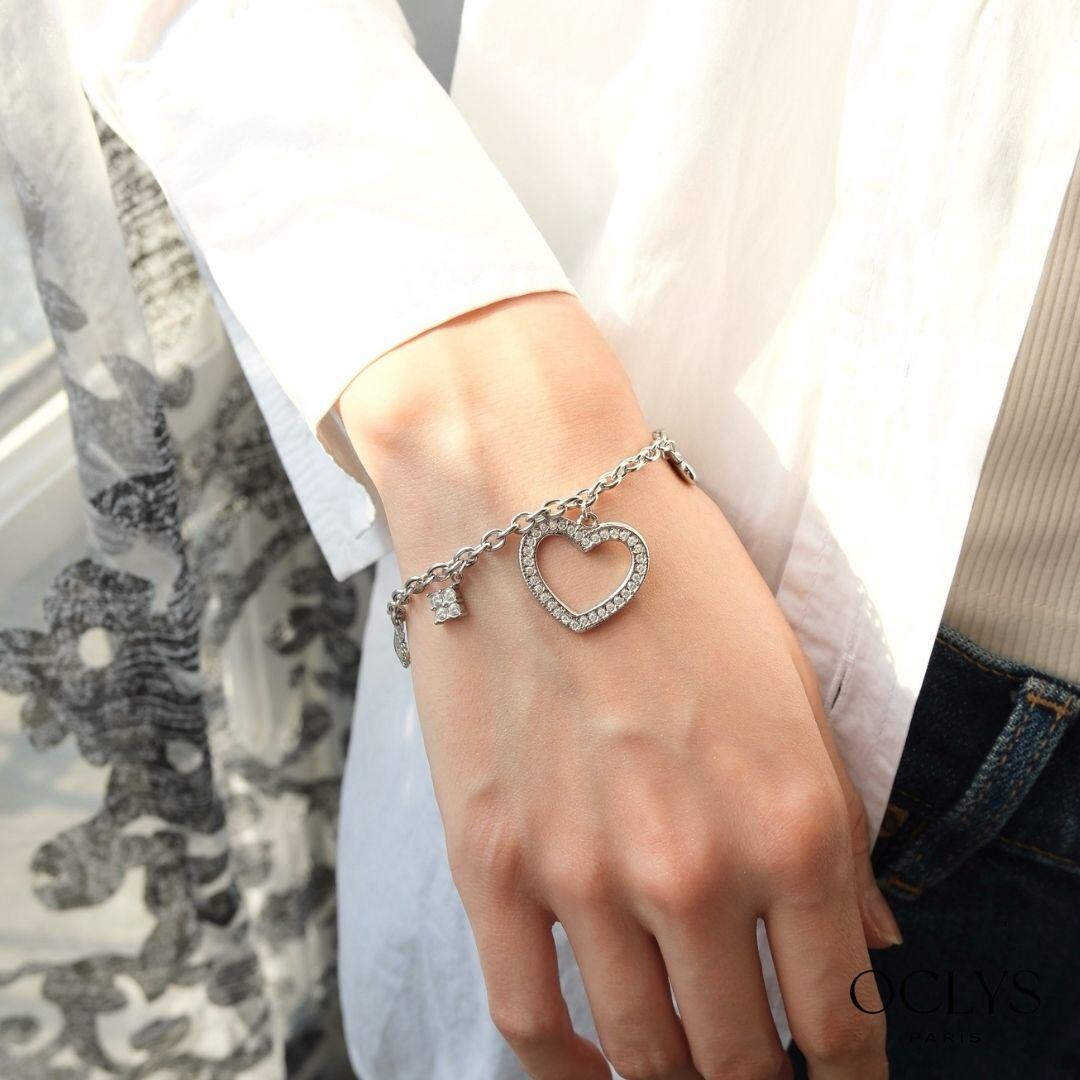 Grossista OCLYS - Bracciale con ciondoli a cuore in acciaio inossidabile Dania argento con strass