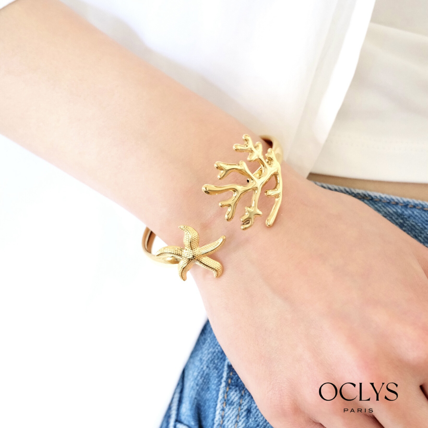 Wholesaler OCLYS - Stainless steel golden steel bracelet Kity Flower fabric