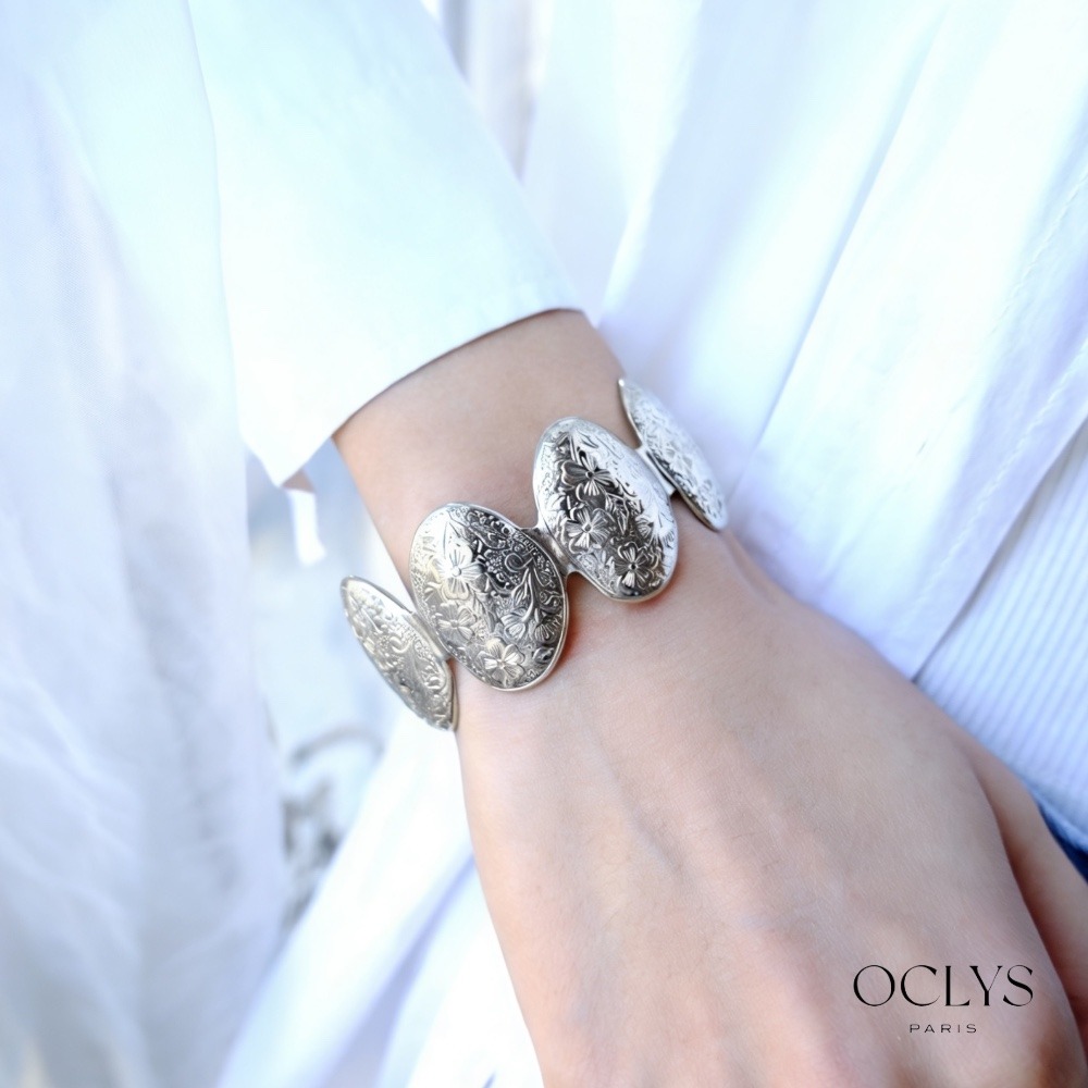 Wholesaler OCLYS - Shiny Silver Stainless Steel Floral Cuff Bracelet