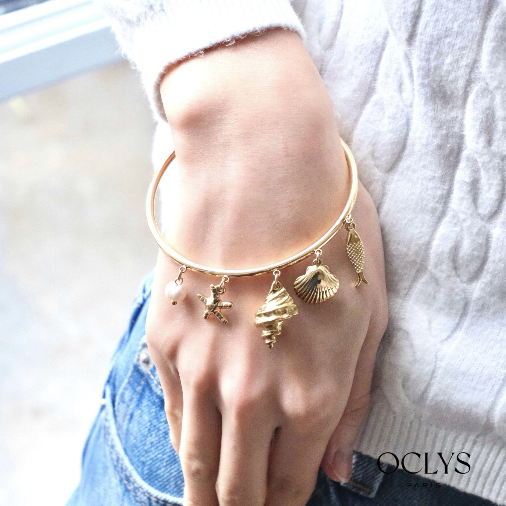 Wholesaler OCLYS - Stainless steel golden steel bracelet Kity Flower fabric