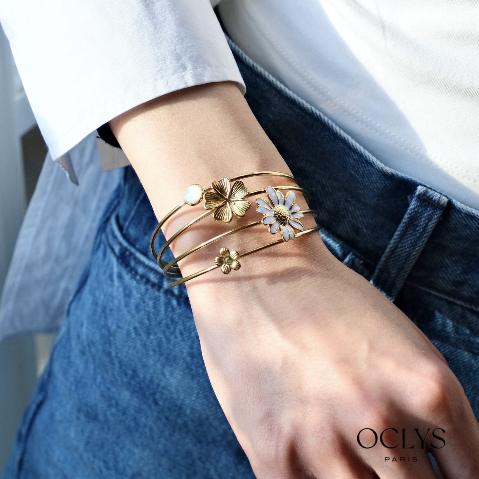 Wholesaler OCLYS - Stainless steel golden steel bracelet Kity Flower fabric