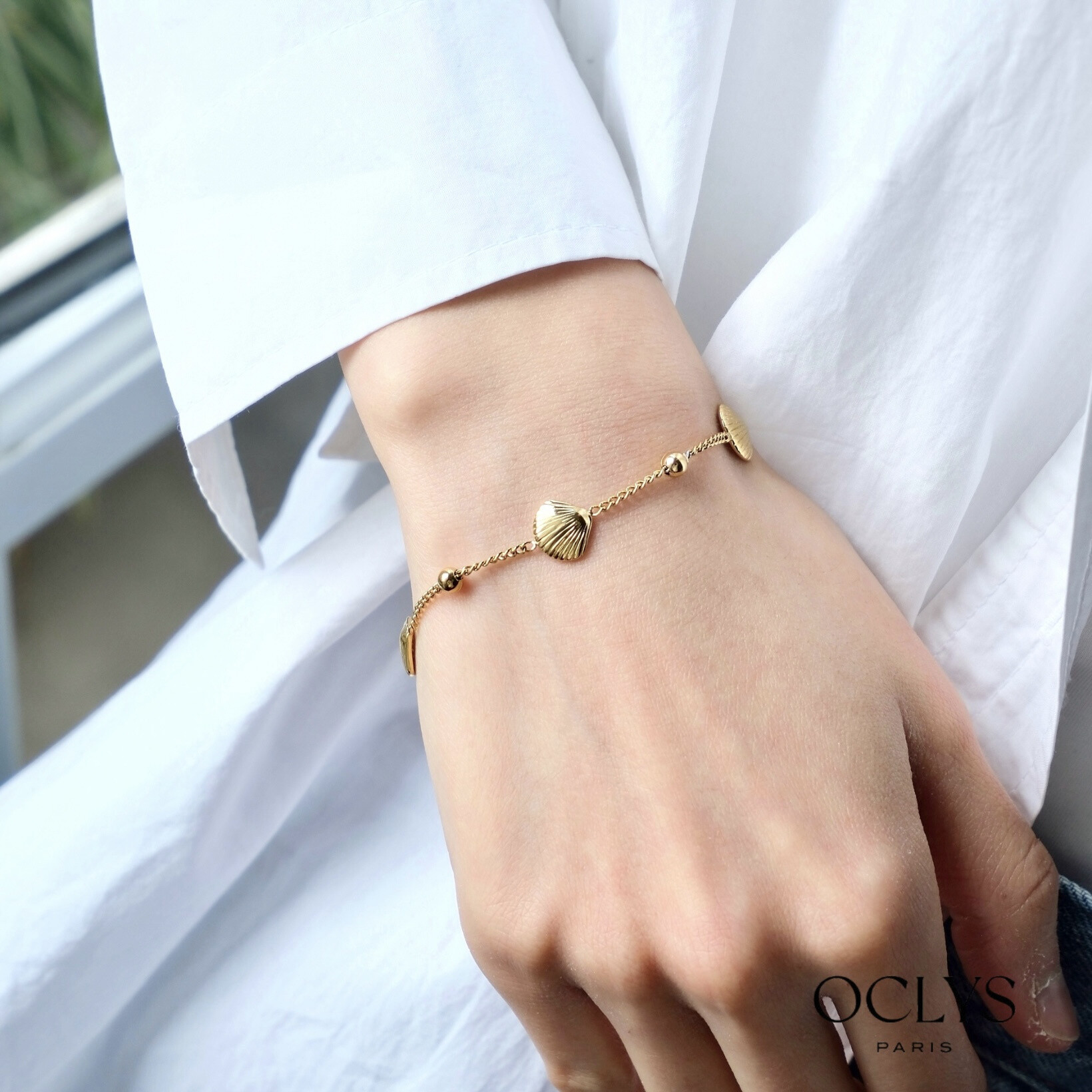 Wholesaler OCLYS - Stainless steel golden steel bracelet Kity Flower fabric