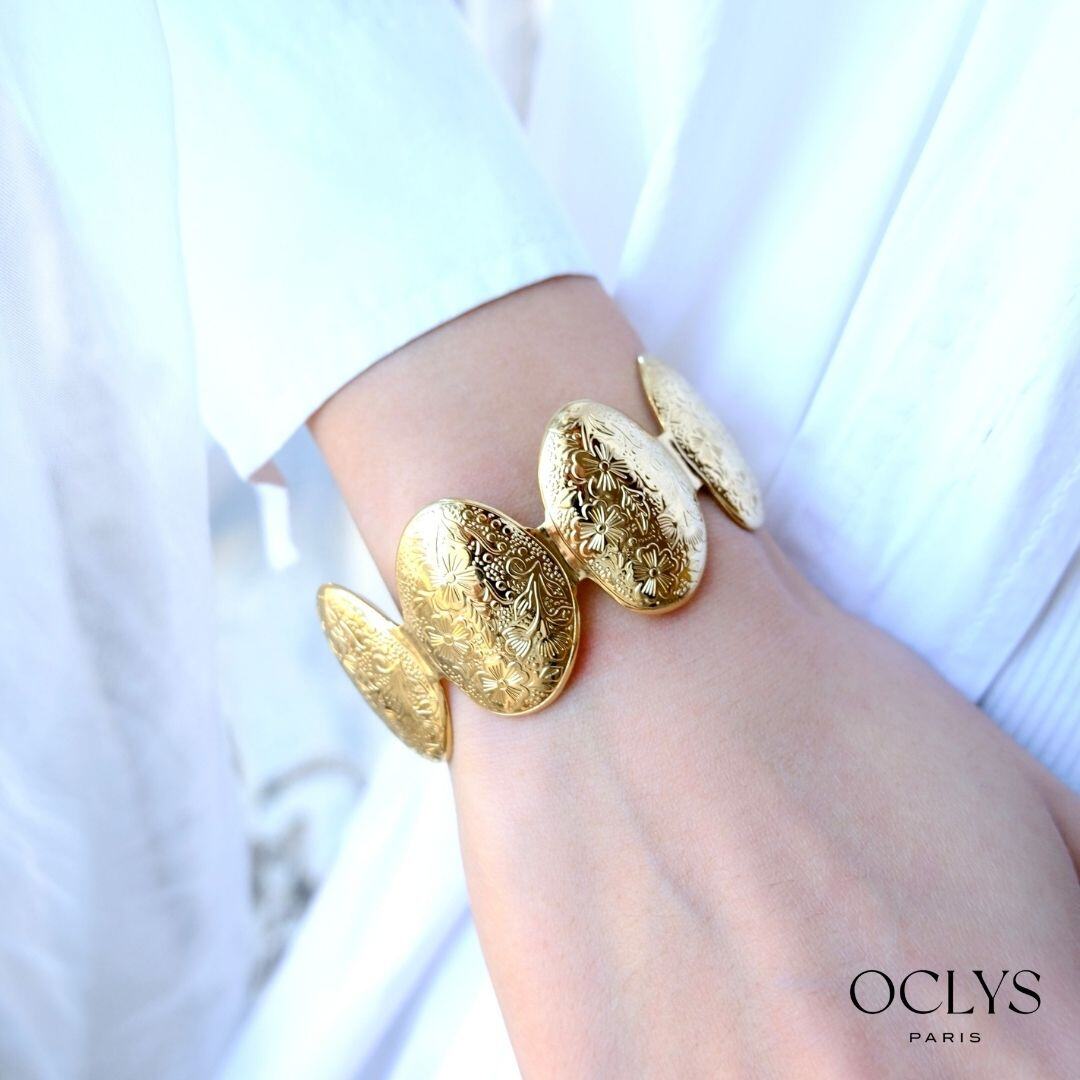 Wholesaler OCLYS - Shiny Gold Stainless Steel Floral Cuff Bracelet