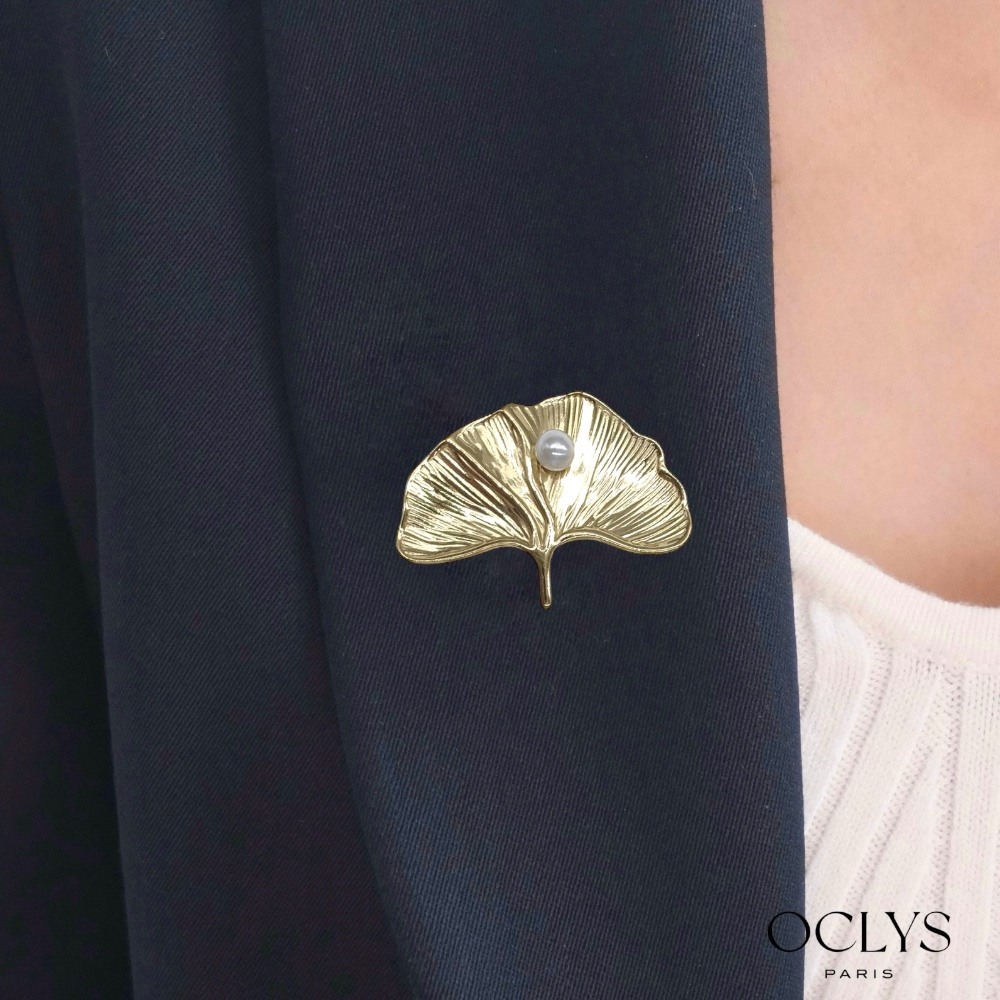 Wholesaler OCLYS - Ginkgo leaf brooch with pearl in gold-plated stainless steel Osaka