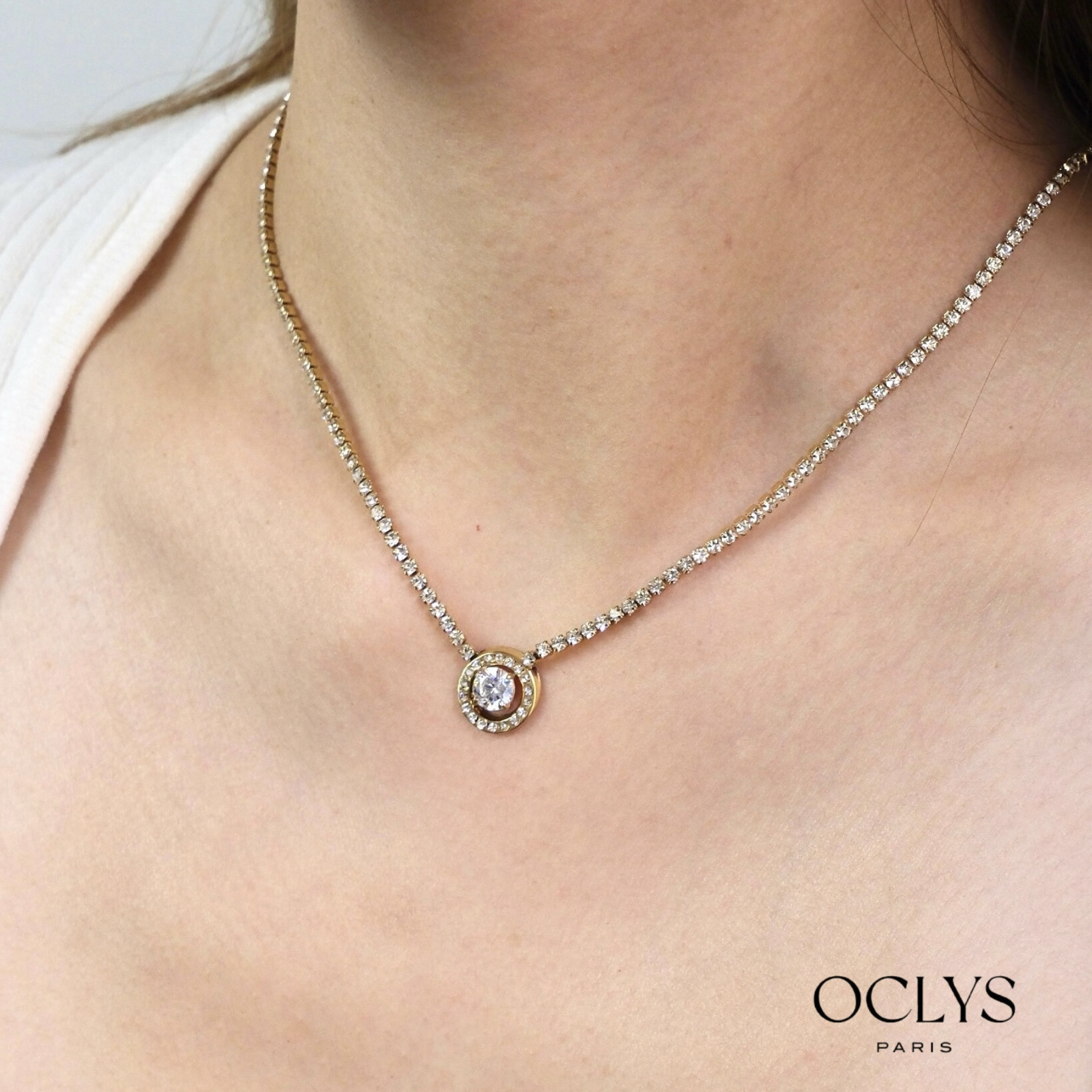 Großhändler OCLYS - Goldfarbenes Strass-Blume-Edelstahlarmband Cicilia