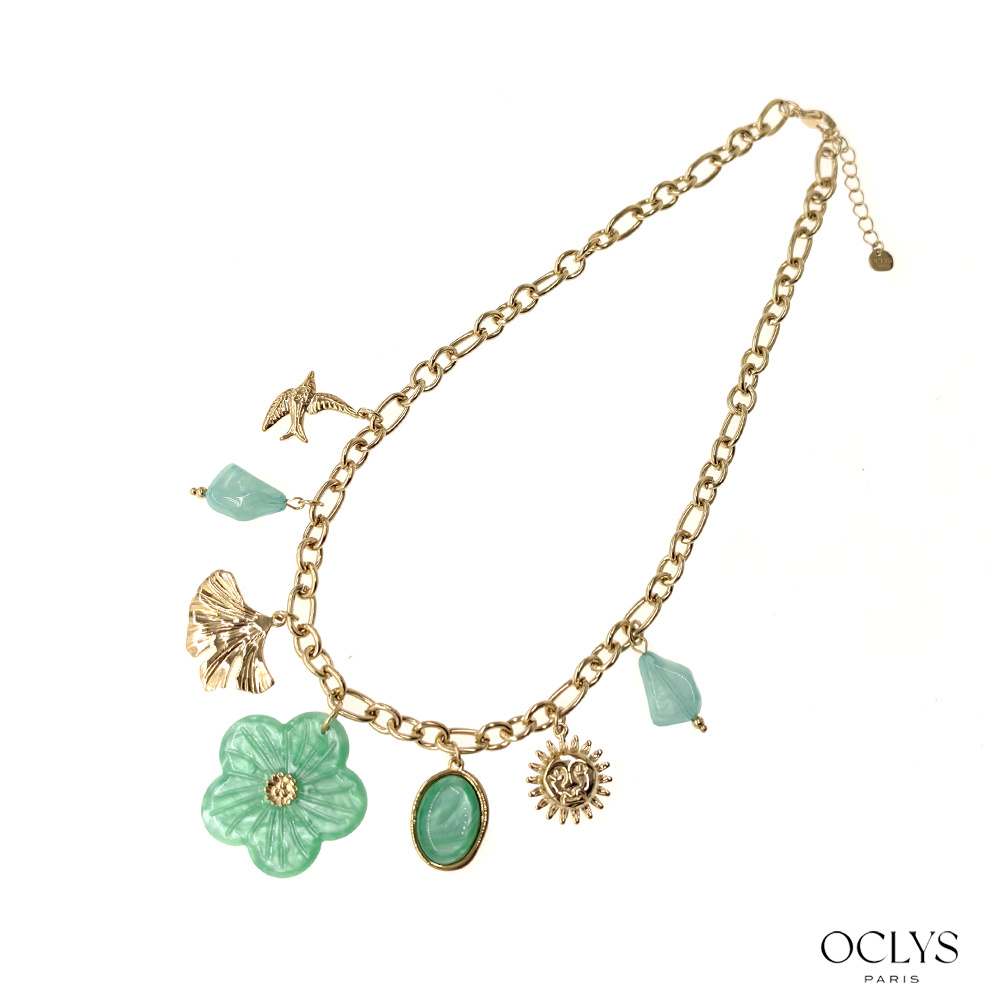 Mayorista OCLYS - Collar con dijes de flor de resina y acero inoxidable dorado Aura