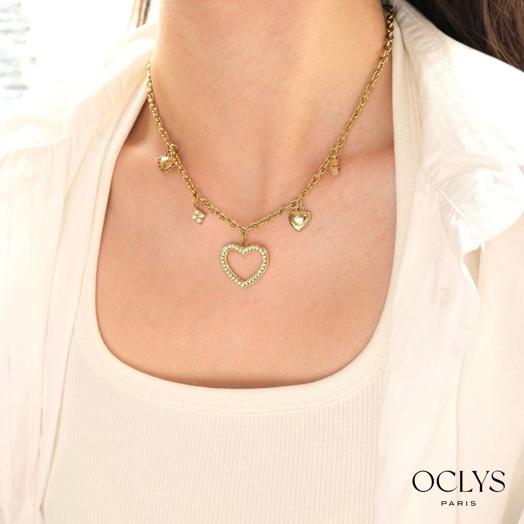 Grossista OCLYS - Collana Dania in acciaio inossidabile dorato con ciondoli a cuore e strass