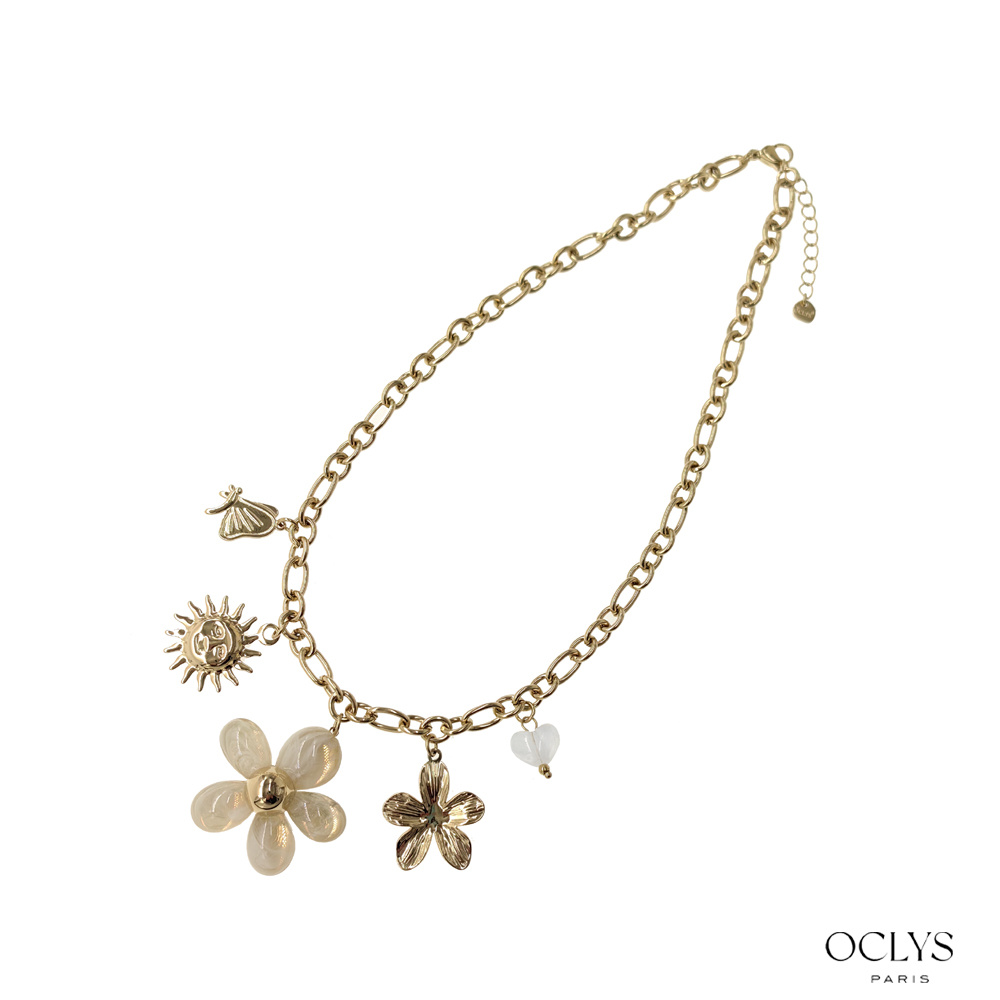 Mayorista OCLYS - Collar de dijes de flor de resina de acero inoxidable dorado Lila