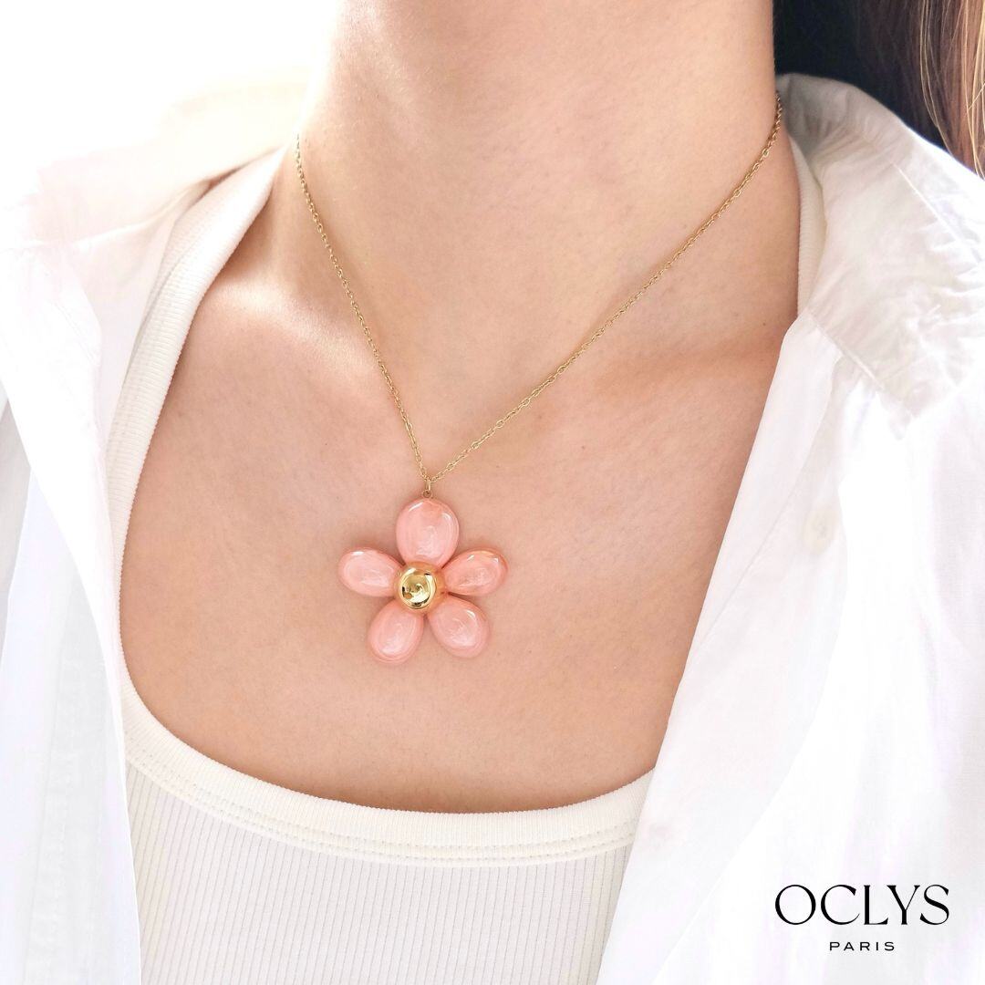 Mayorista OCLYS - Collar de flor de resina de acero inoxidable dorado Mina
