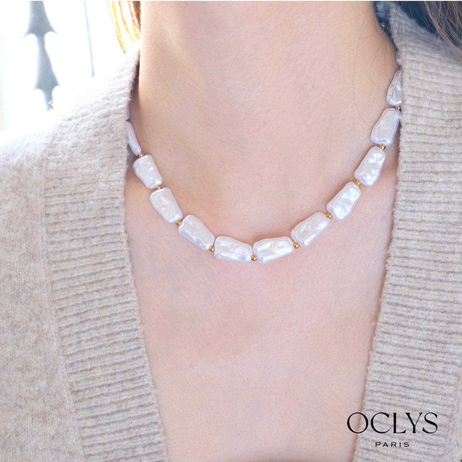 Grossiste OCLYS - Collier perles nacrées rectangles acier inoxydable doré Noali