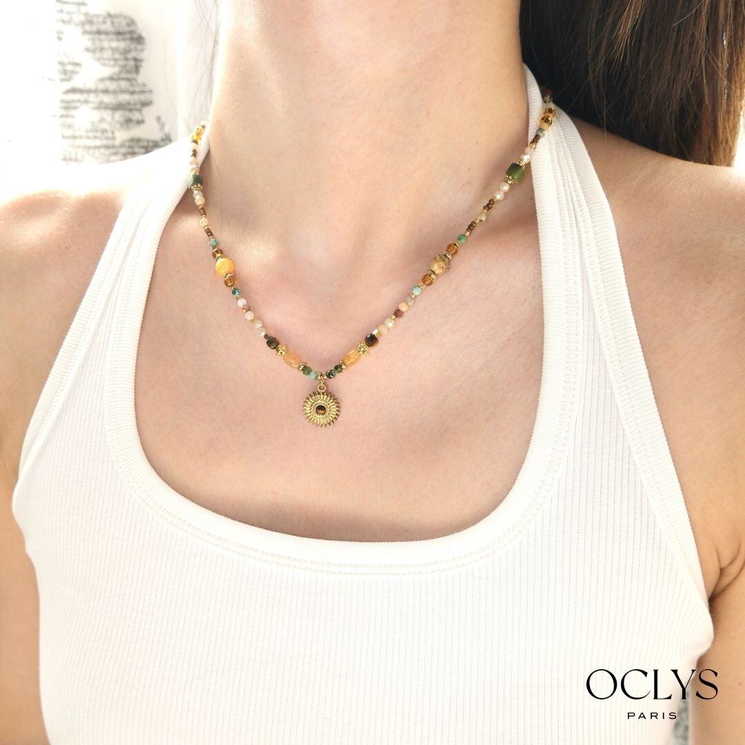 Mayorista OCLYS - Collar de piedras naturales sol acero inoxidable dorado Fiona