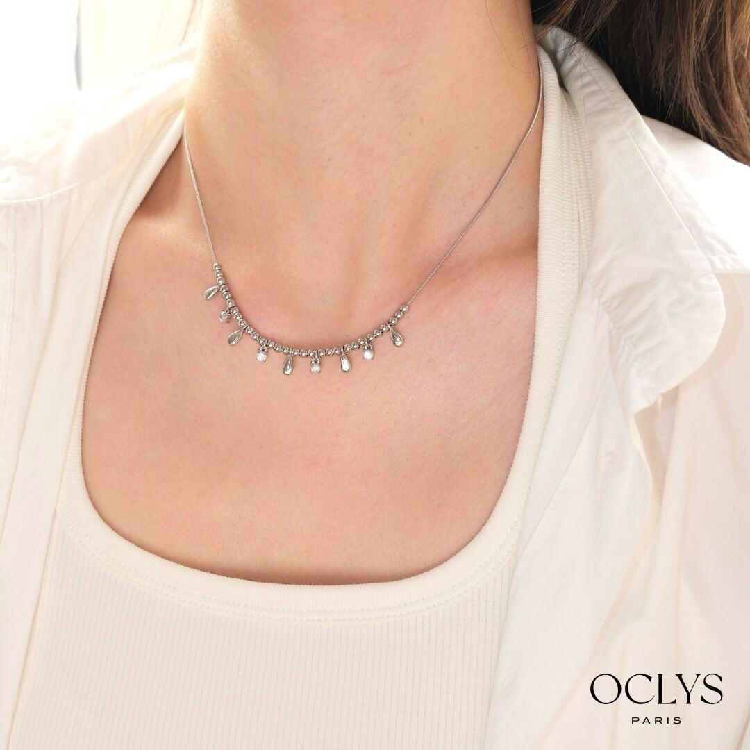 Grossista OCLYS - Collana con ciondoli in acciaio inossidabile Pona argento con strass