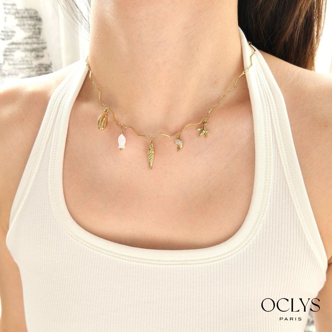 Mayorista OCLYS - Collar de charms con temática marina de acero inoxidable dorado Poni