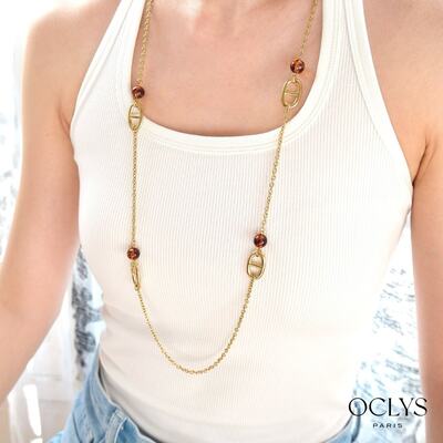 Grossiste OCLYS - Collier sautoir maille marine résine acier inoxydable doré Grossiste OCLYS - Collier sautoir maille marine résine acier inoxydable doré