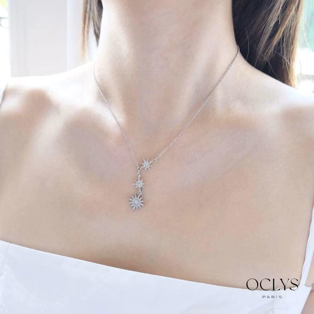 Grossiste OCLYS - Collier Y étoile strass acier inoxydable Ovi argent