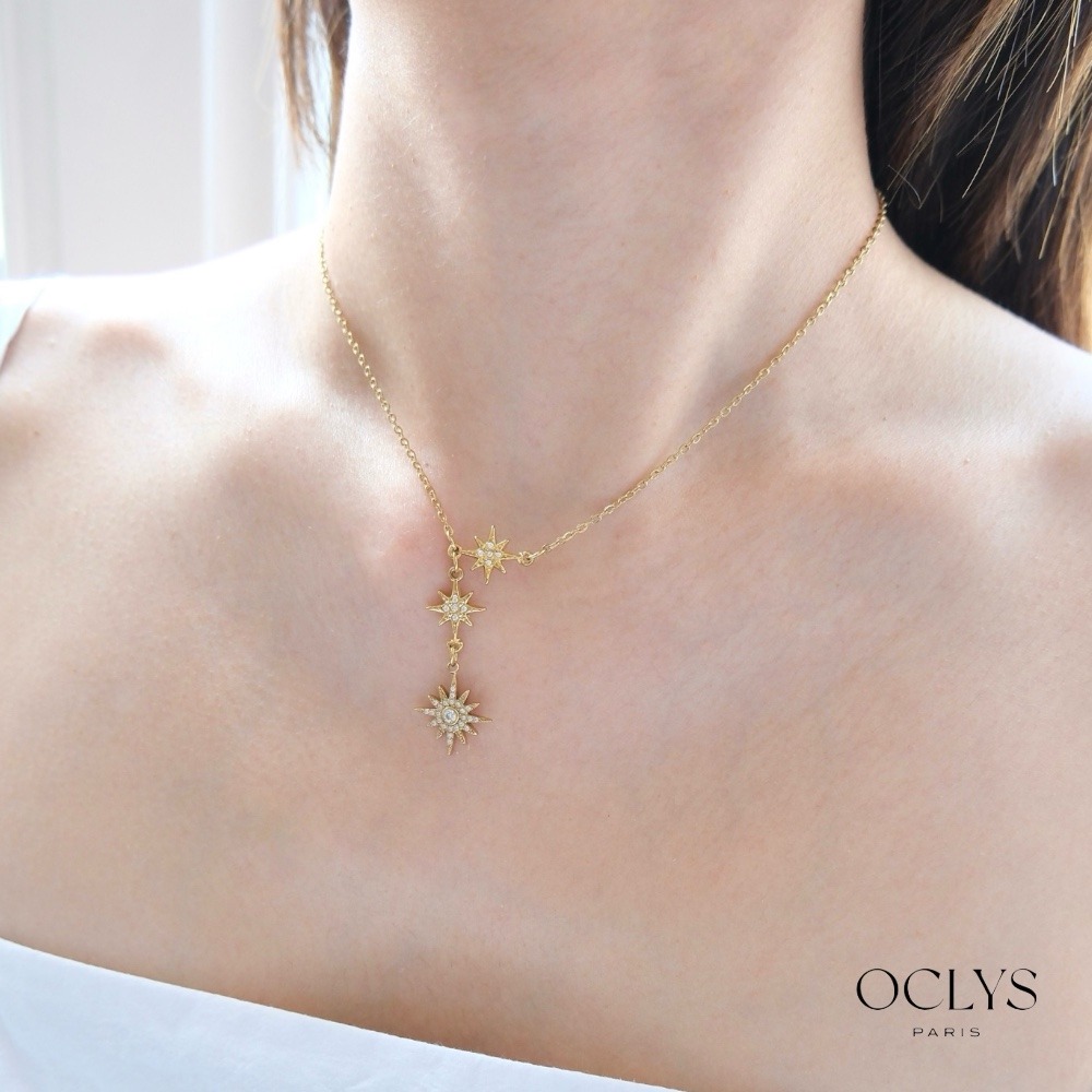 Grossiste OCLYS - Collier Y étoile strass acier inoxydable Ovi doré