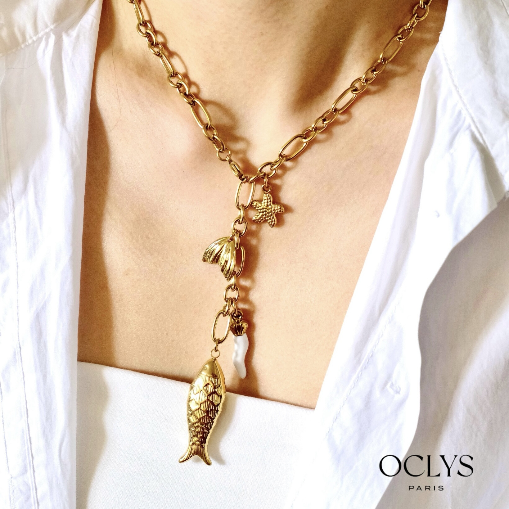 Grossiste OCLYS - Collier Y breloques poisson acier inoxydable doré Dibi