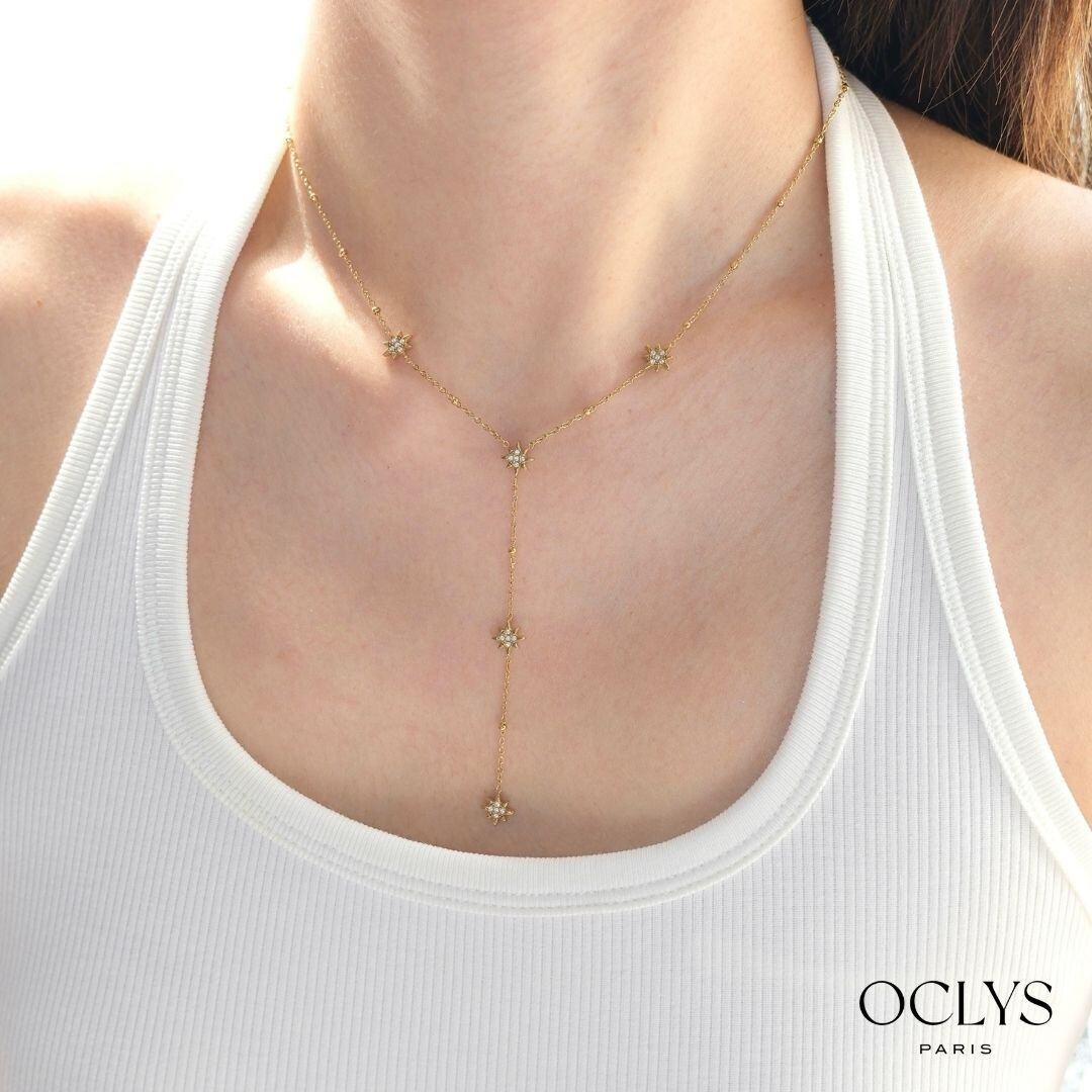 Grossiste OCLYS - Collier Y étoile boules strass acier inoxydable Vivi