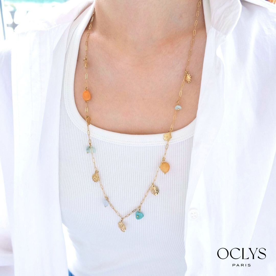 Mayorista OCLYS - Collar largo con dijes de acero inoxidable dorado Kiali