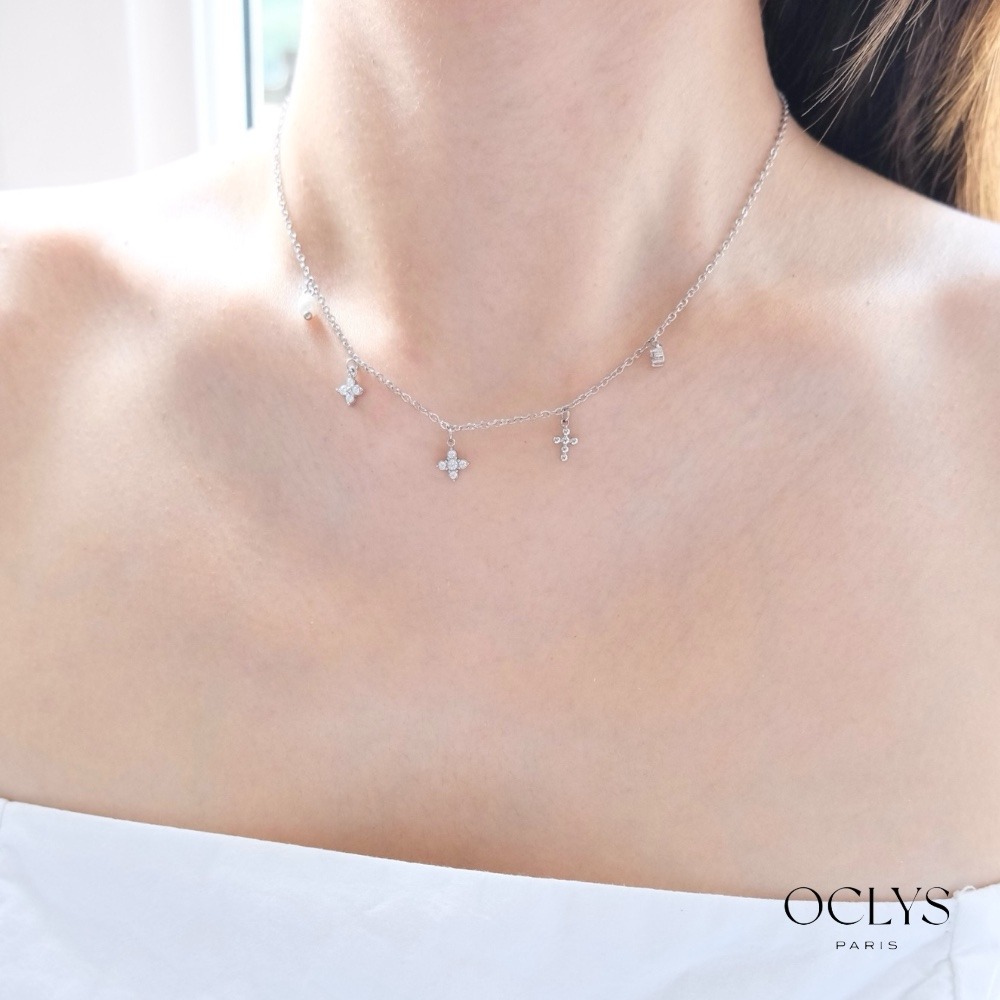 Mayorista OCLYS - Collar de acero inoxidable plateado con dijes de flores y strass