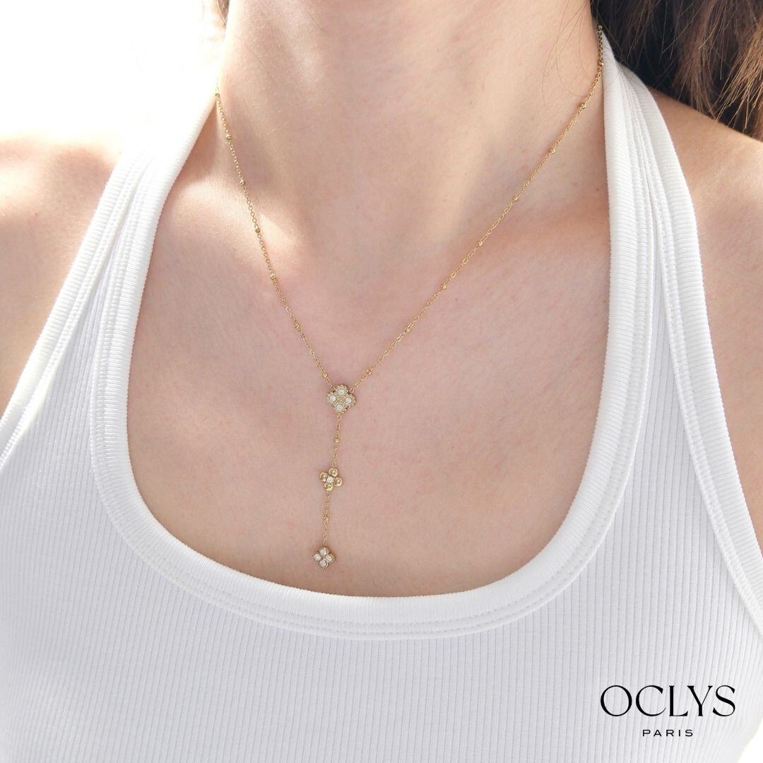Grossiste OCLYS - Collier Y fleurs strass acier inoxydable doré Duana
