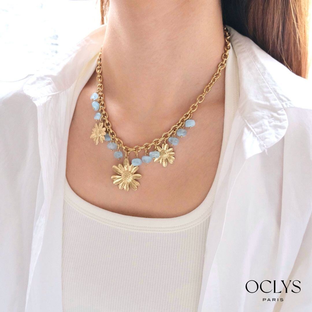 Mayorista OCLYS - Collar de dijes de flor de resina de acero inoxidable dorado Lila