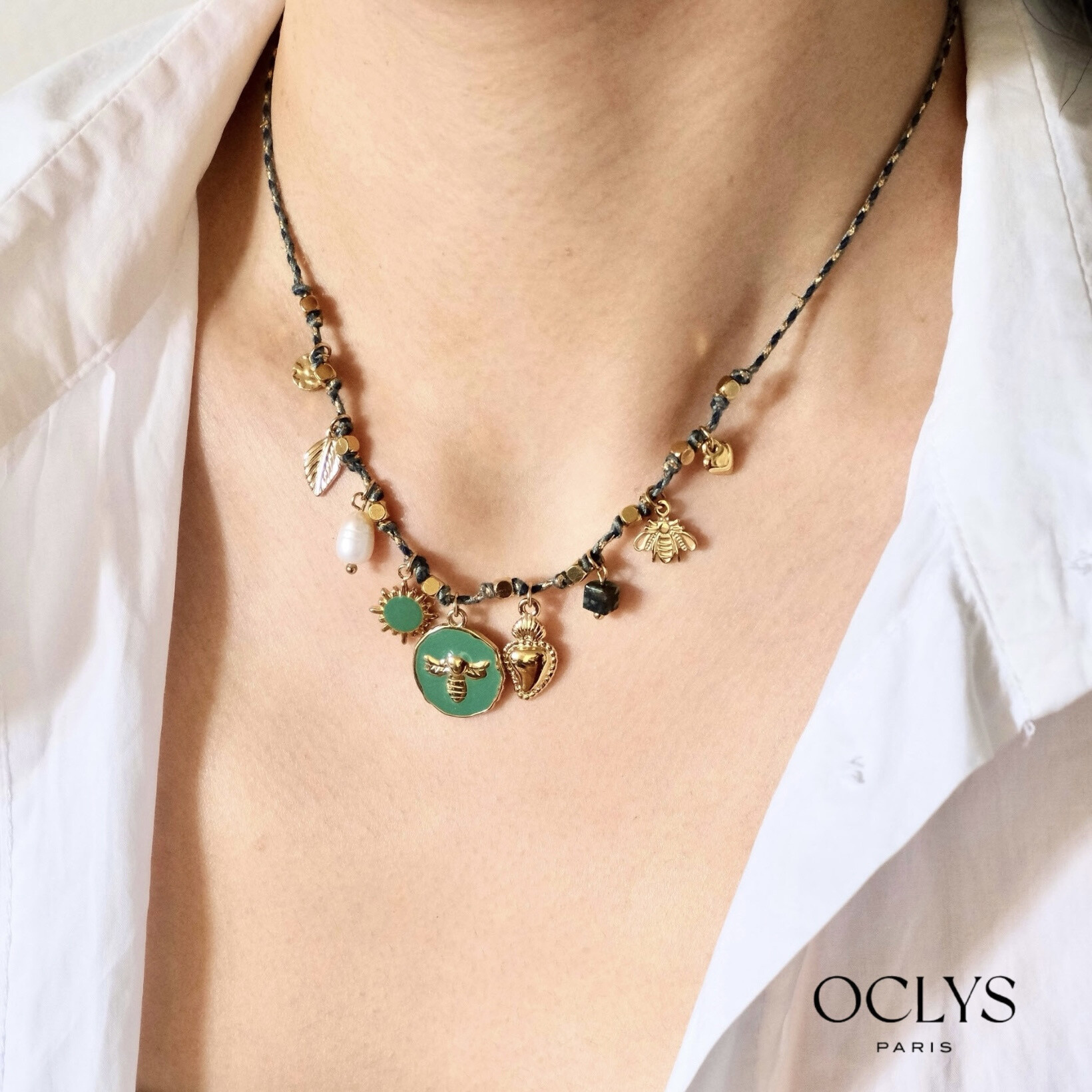 Grossiste OCLYS - Collier cordon breloques acier inoxydable abeille Saki